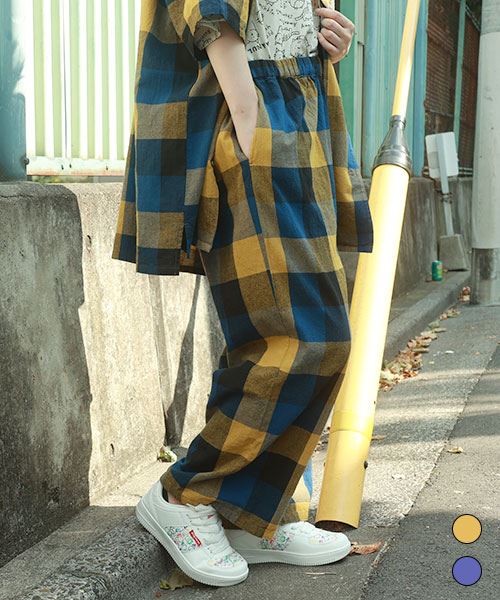 mof manul チェック ネコプリントポケット 9分丈 パンツ