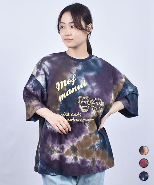 mof manul タイダイ天竺 リブ衿 ネコプリントT