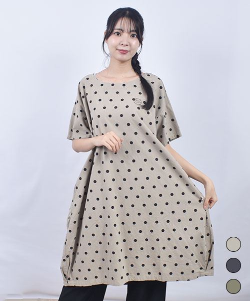 drug store's ドット柄プリント 裾,バックタック  コクーンシルエット BIG チュニック ワンピース