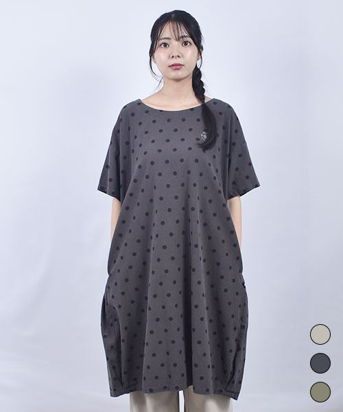 drug store's ドット柄プリント 裾,バックタック  コクーンシルエット BIG チュニック ワンピース