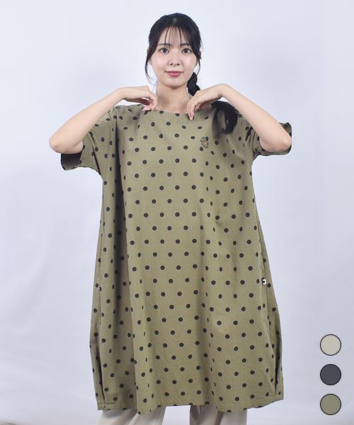drug store's ドット柄プリント 裾,バックタック  コクーンシルエット BIG チュニック ワンピース