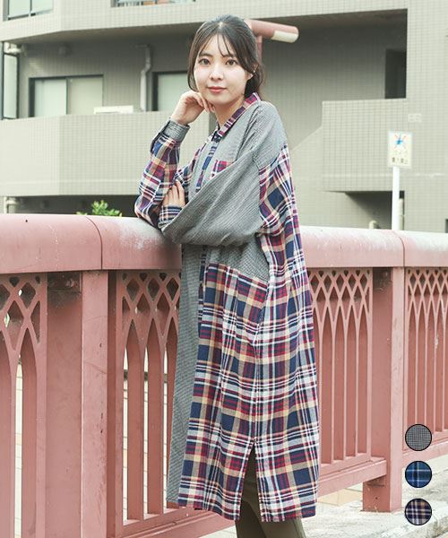 drug store's チェック ハギハギ 長袖 BIG ワンピース