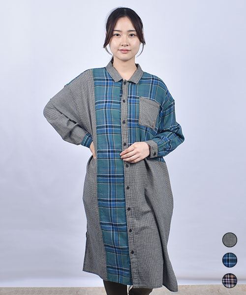 drug store's チェック ハギハギ 長袖 BIG ワンピース