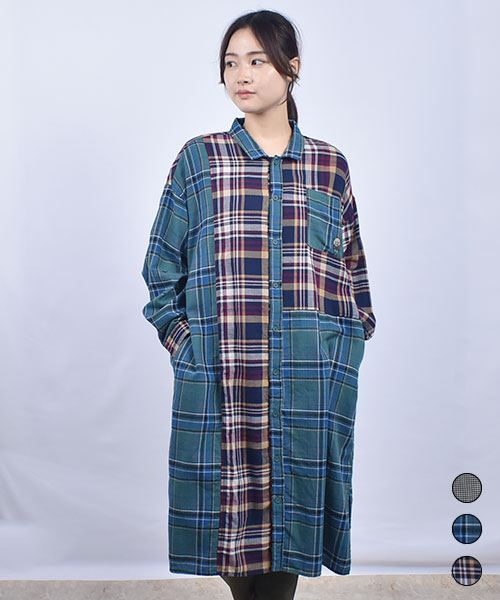 drug store's チェック ハギハギ 長袖 BIG ワンピース