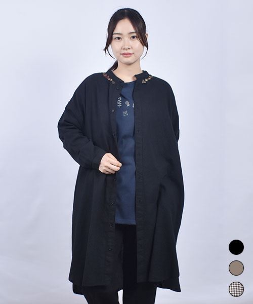 drug store's ギンガムチェック スタンドカラー花刺繍 BIG ワンピース