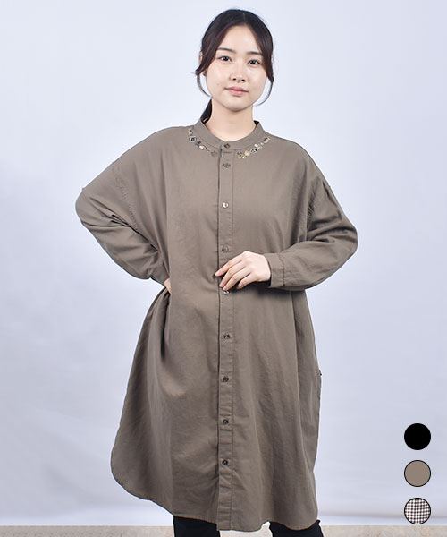 drug store's ギンガムチェック スタンドカラー花刺繍 BIG ワンピース