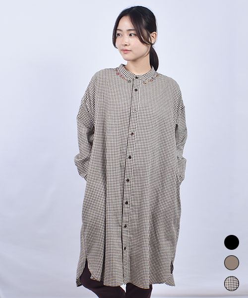 drug store's ギンガムチェック スタンドカラー花刺繍 BIG ワンピース