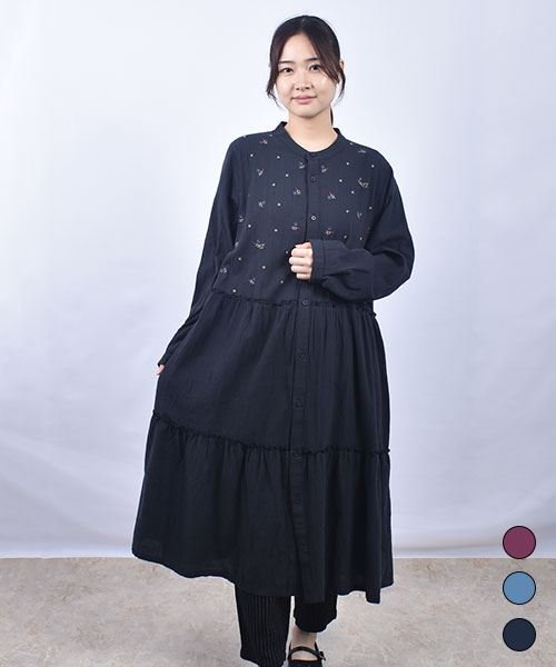 drug store's 花刺繍 ティアード 切替 ワンピース