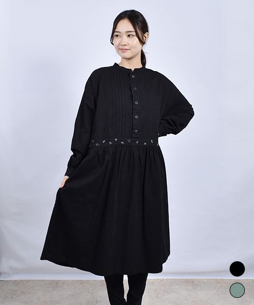 drug store's 花刺繍 ピンタック ウエスト切替 ワンピース