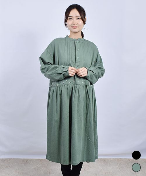 drug store's 花刺繍 ピンタック ウエスト切替 ワンピース