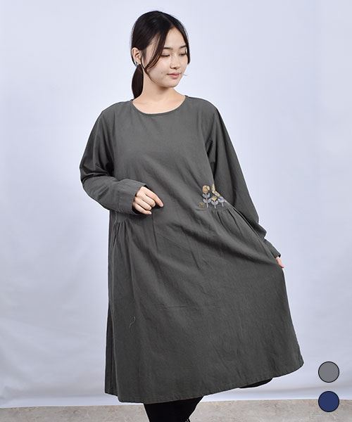 drug store's 花刺繍 後ろマチ別布使い ワンピース