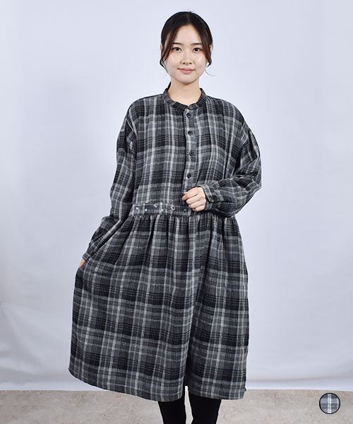 drug store's 花刺繍 ウエスト切替 チェック ワンピース