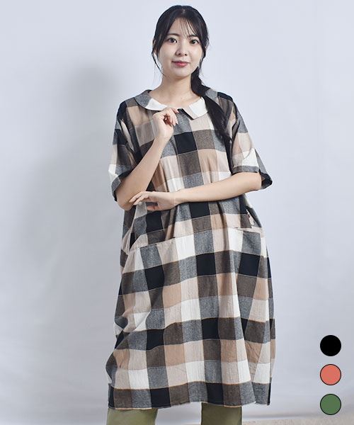 drug store's 衿付き チェック ハートン刺繍 コクーン ワンピース