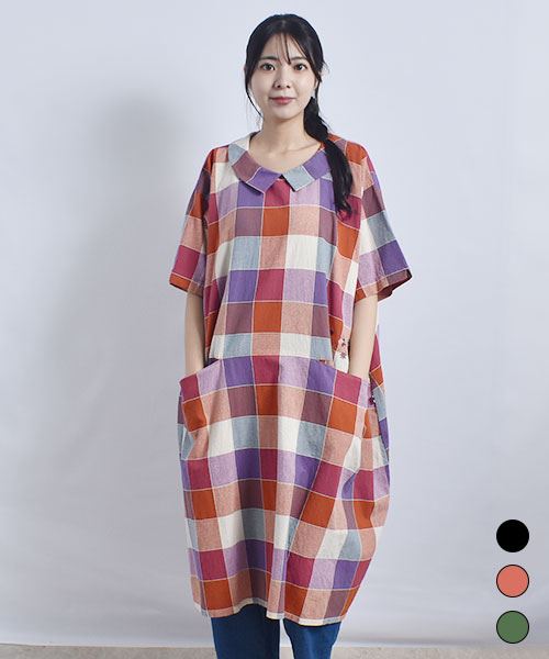 drug store's 衿付き チェック ハートン刺繍 コクーン ワンピース