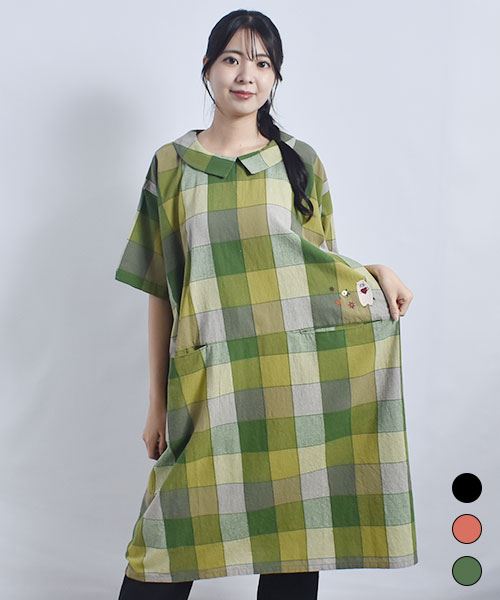 drug store's 衿付き チェック ハートン刺繍 コクーン ワンピース