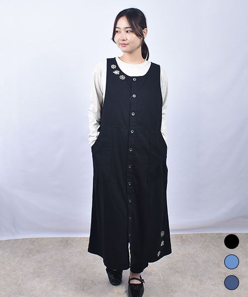 drug store's 花刺繍 前開き デニム ジャンスカ