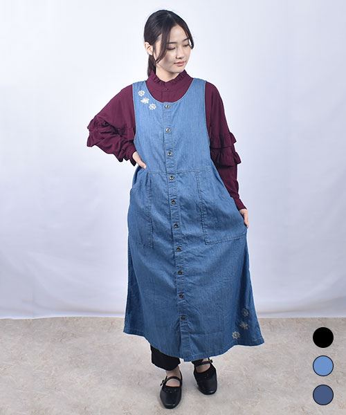 drug store's 花刺繍 前開き デニム ジャンスカ