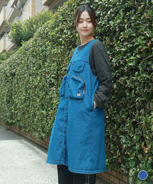 drug store's ブタ刺繍 マチ付きポケット デニム ジャンスカ