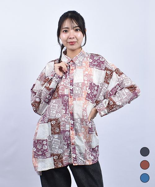 drug store's ブタ総柄プリント BIGシャツ