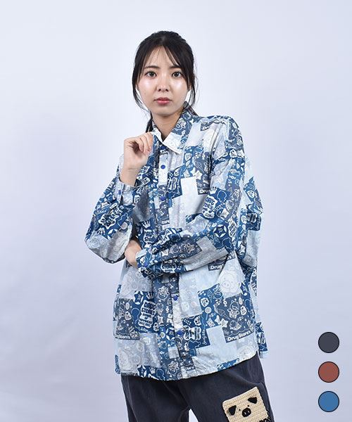 drug store's ブタ総柄プリント BIGシャツ