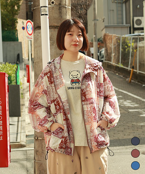 drug store's ブタ総柄プリント 袖太 パーカー
