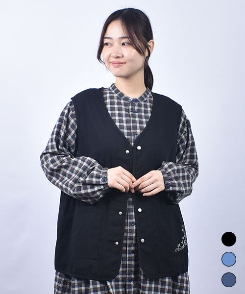 drug store's デニム ポケット花刺繍 ベスト