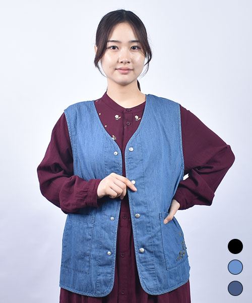 drug store's デニム ポケット花刺繍 ベスト