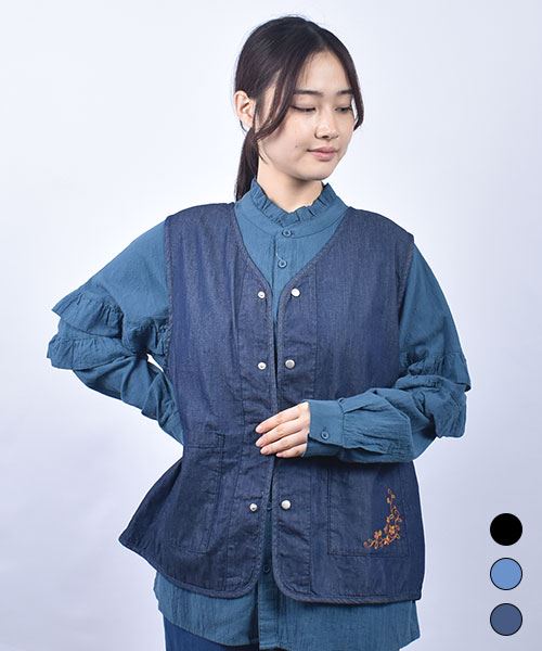 drug store's デニム ポケット花刺繍 ベスト