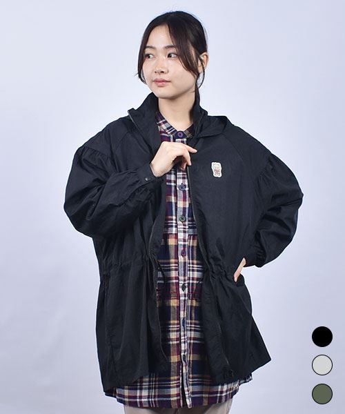 drug store's ブタワッペン 取り外しフードつき 袖ギャザー 撥水加工 ジャケット