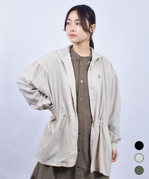 drug store's ブタワッペン 取り外しフードつき 袖ギャザー 撥水加工 ジャケット