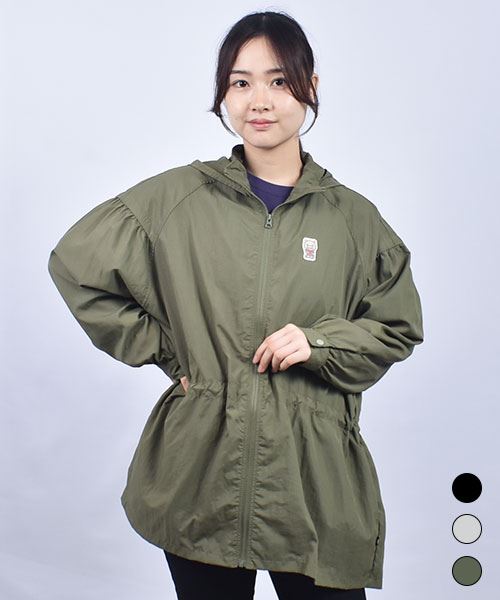drug store's ブタワッペン 取り外しフードつき 袖ギャザー 撥水加工 ジャケット