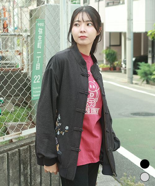 drug store's ピーチ起毛 花&ハートン刺繍 チャイナボタンつき ブルゾン