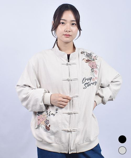 drug store's ピーチ起毛 花&ハートン刺繍 チャイナボタンつき ブルゾン
