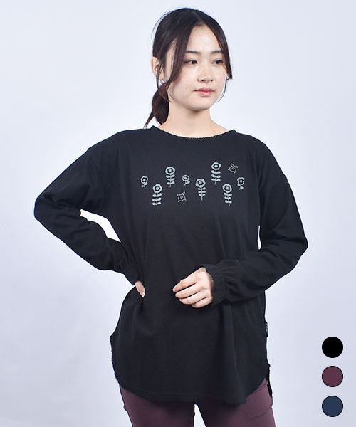 drug store's 18/-天竺 袖裾ピコミシン 花プリント オーバーT