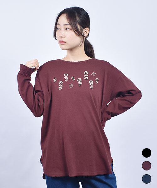 drug store's 18/-天竺 袖裾ピコミシン 花プリント オーバーT