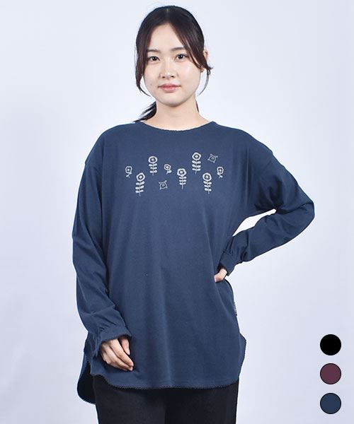 drug store's 18/-天竺 袖裾ピコミシン 花プリント オーバーT