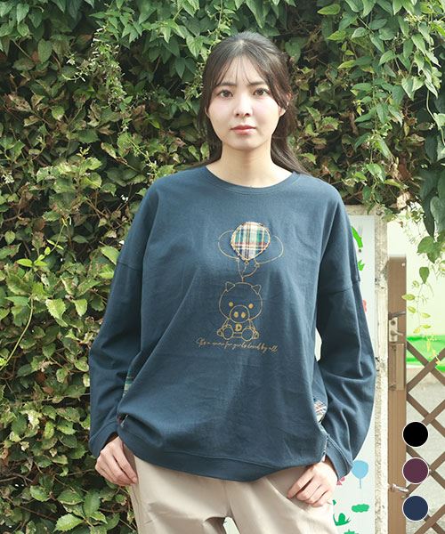 drug store's 18/-天竺 ブタバルーンプリント&アップリケ 長袖 BIGT