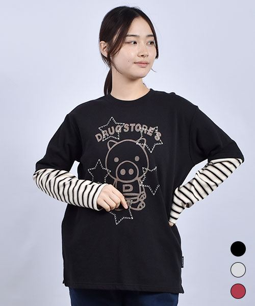 drug store's 裏毛 重ね着風 スタンディプリント&刺繍 トレーナー