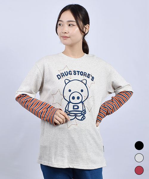 drug store's 裏毛 重ね着風 スタンディプリント&刺繍 トレーナー