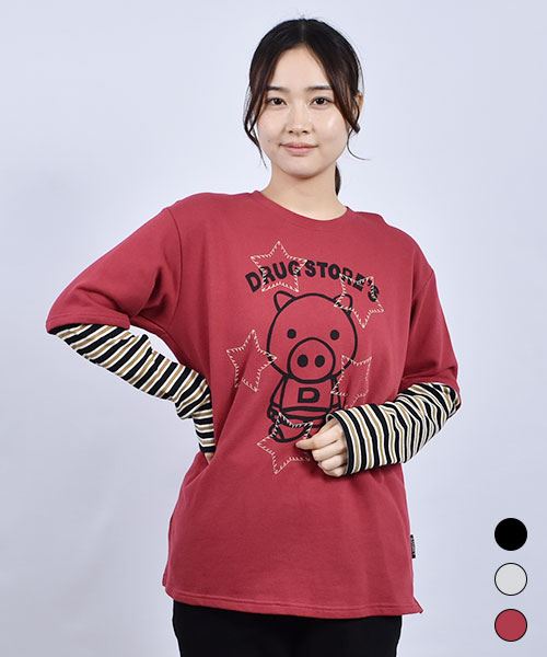 drug store's 裏毛 重ね着風 スタンディプリント&刺繍 トレーナー