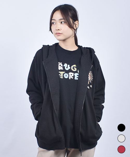 drug store's 裏毛 手足ぶらぶらブタアップリケ&バックプリント 袖裾リブ 丈長 パーカー