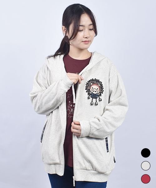 drug store's 裏毛 手足ぶらぶらブタアップリケ&バックプリント 袖裾リブ 丈長 パーカー