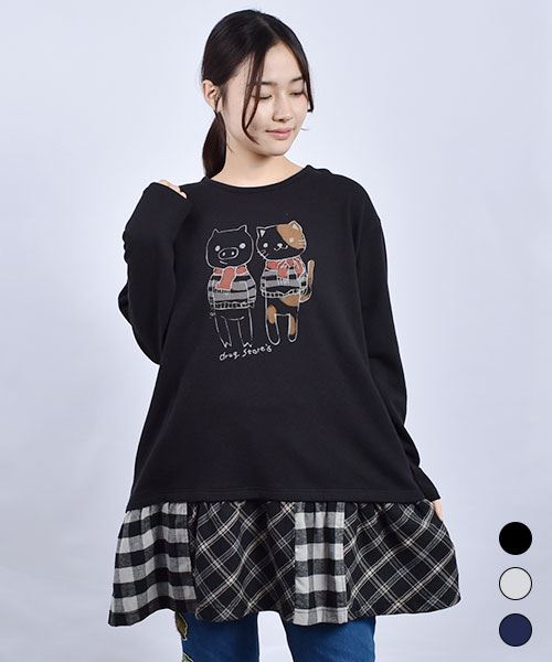 drug store's 裏毛 裾切替ギャザー ブタネコプリント Aライン トレーナーチュニック
