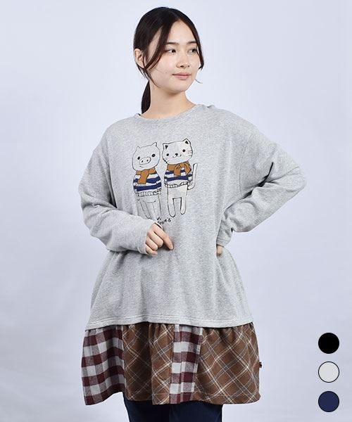 drug store's 裏毛 裾切替ギャザー ブタネコプリント Aライン トレーナーチュニック