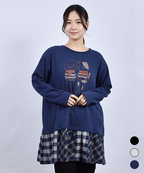 drug store's 裏毛 裾切替ギャザー ブタネコプリント Aライン トレーナーチュニック
