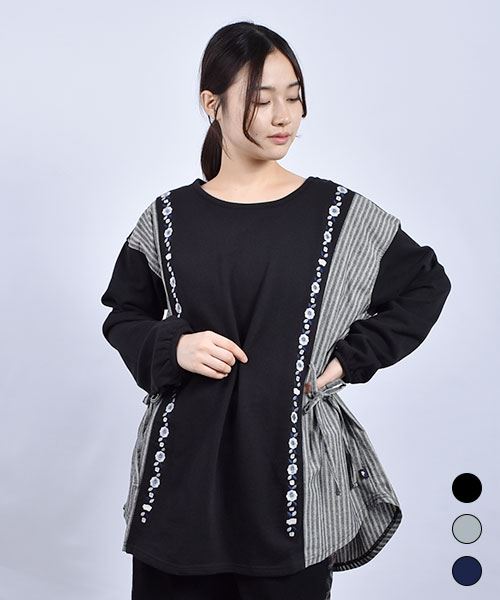 drug store's 裏毛 リボン切替 花刺繍 Aライン トレーナー