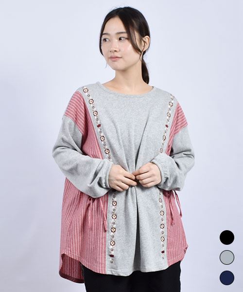 drug store's 裏毛 リボン切替 花刺繍 Aライン トレーナー