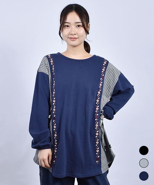 drug store's 裏毛 リボン切替 花刺繍 Aライン トレーナー