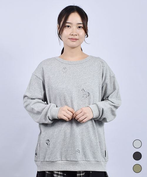 drug store's 裏毛 総柄刺繍 リブ トレーナー