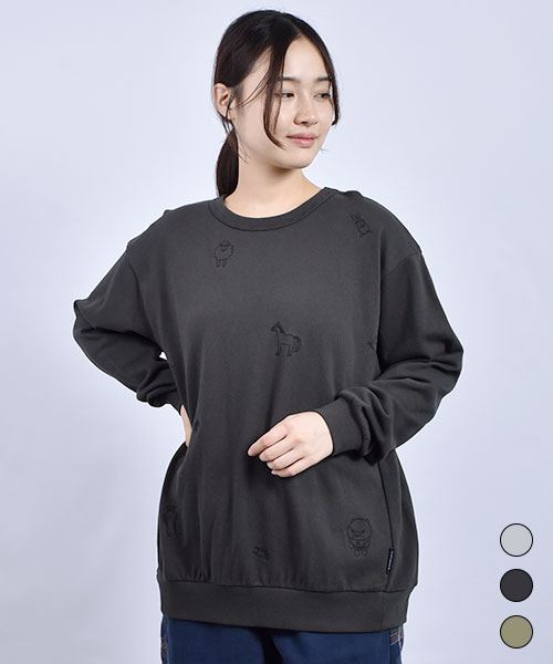 drug store's 裏毛 総柄刺繍 リブ トレーナー